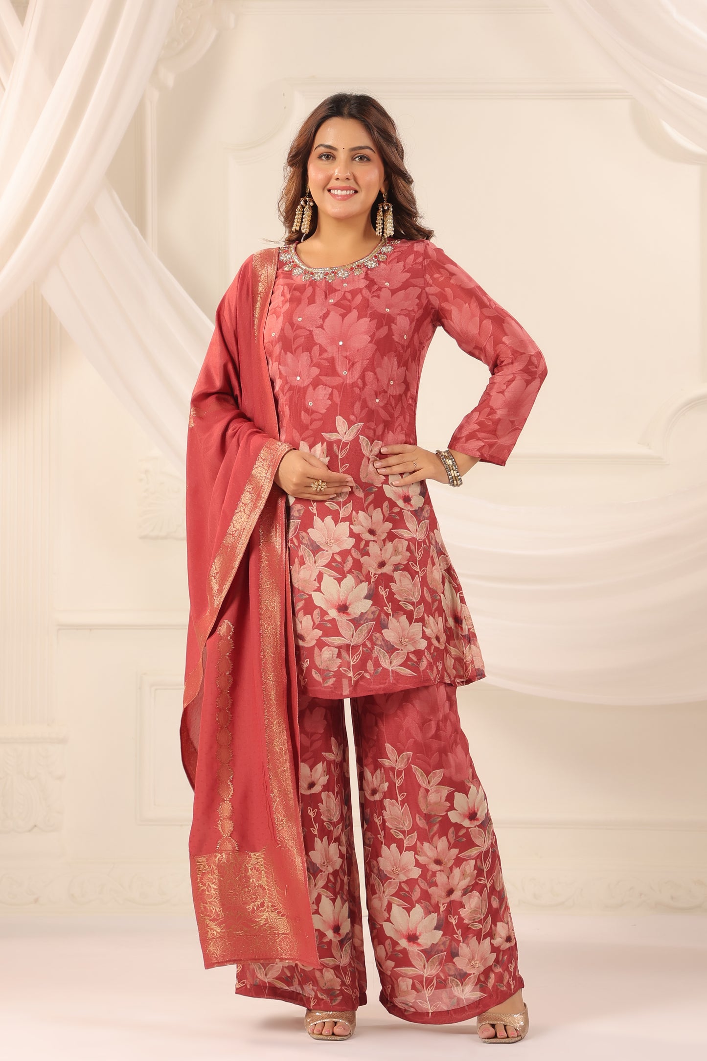 Imperial Red Handwork 3-Piece Suit Set