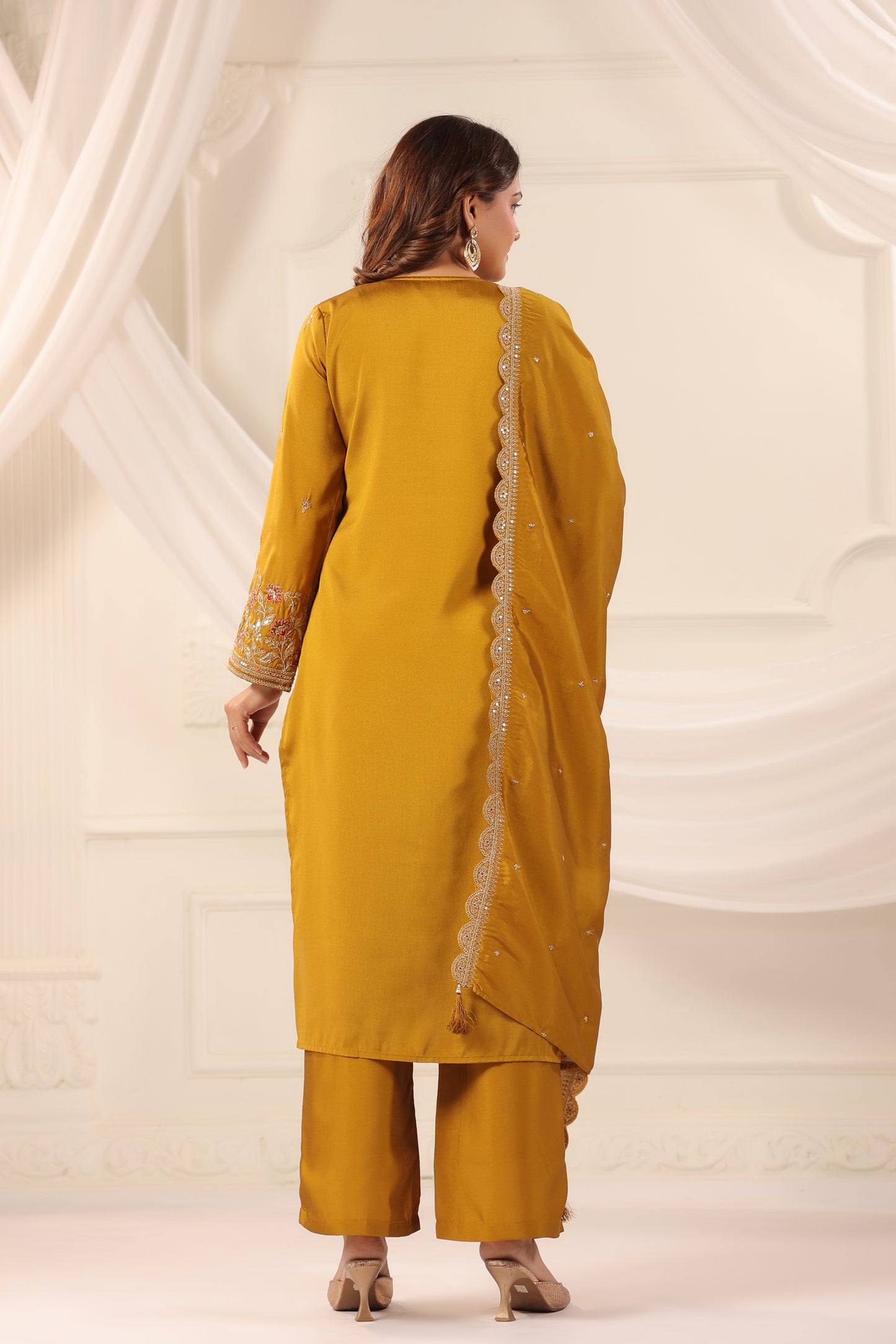 Medallion Yellow Floral Embroidered 3-Pcs Suit Set