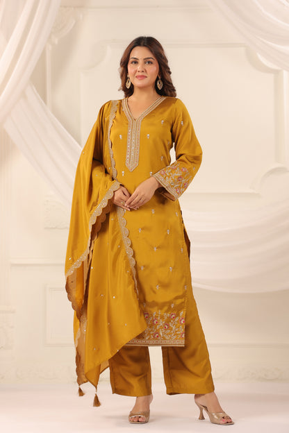 Medallion Yellow Floral Embroidered 3-Pcs Suit Set
