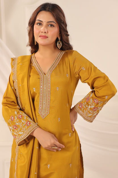 Medallion Yellow Floral Embroidered 3-Pcs Suit Set