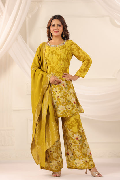 Yellow Green Pure Chinnon Handwork 3-Piece Suit Set