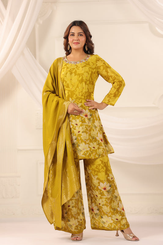 Yellow Green Pure Chinnon Handwork 3-Piece Suit Set