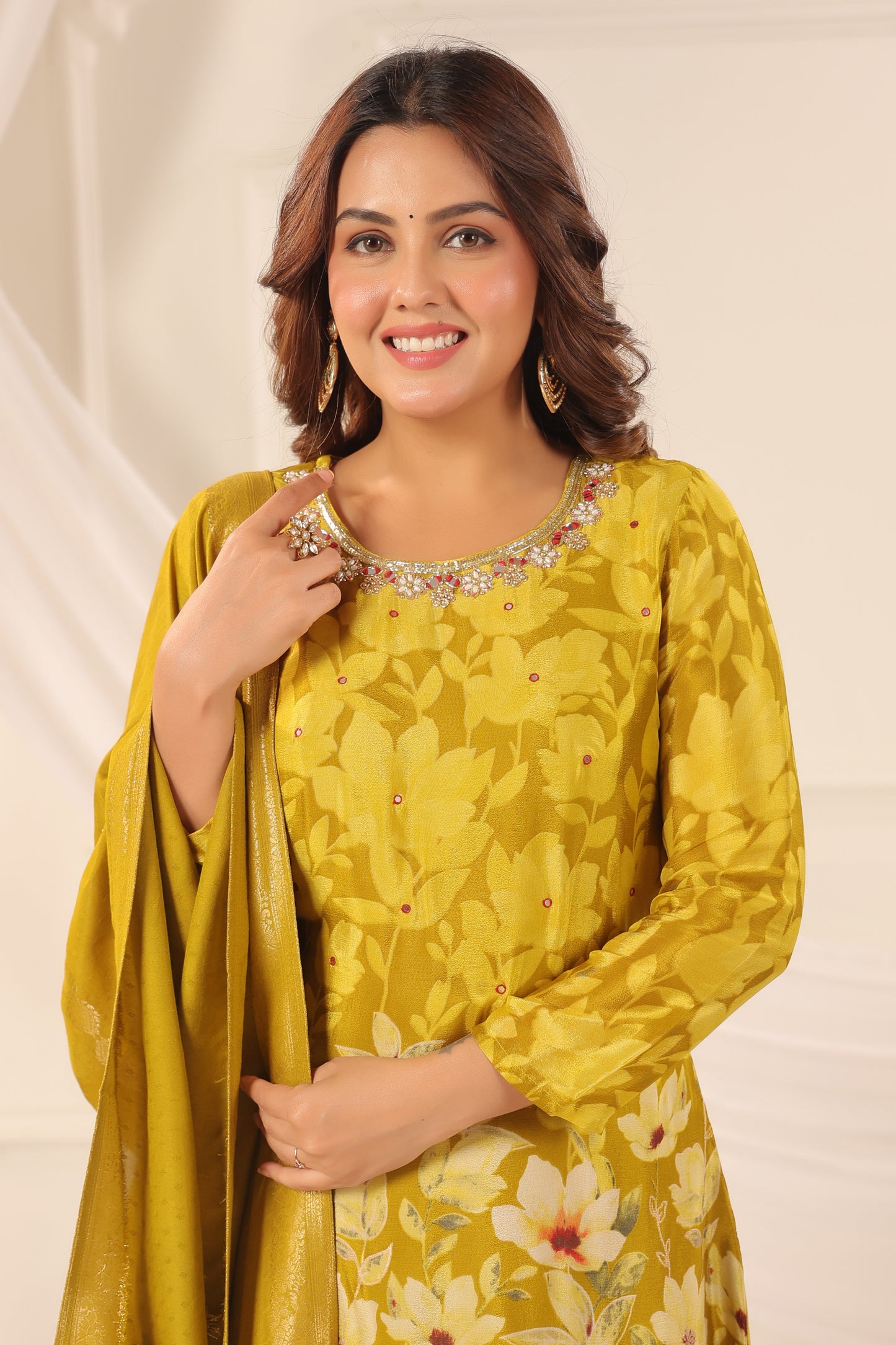 Yellow Green Pure Chinnon Handwork 3-Piece Suit Set