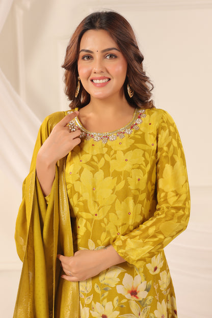 Yellow Green Pure Chinnon Handwork 3-Piece Suit Set