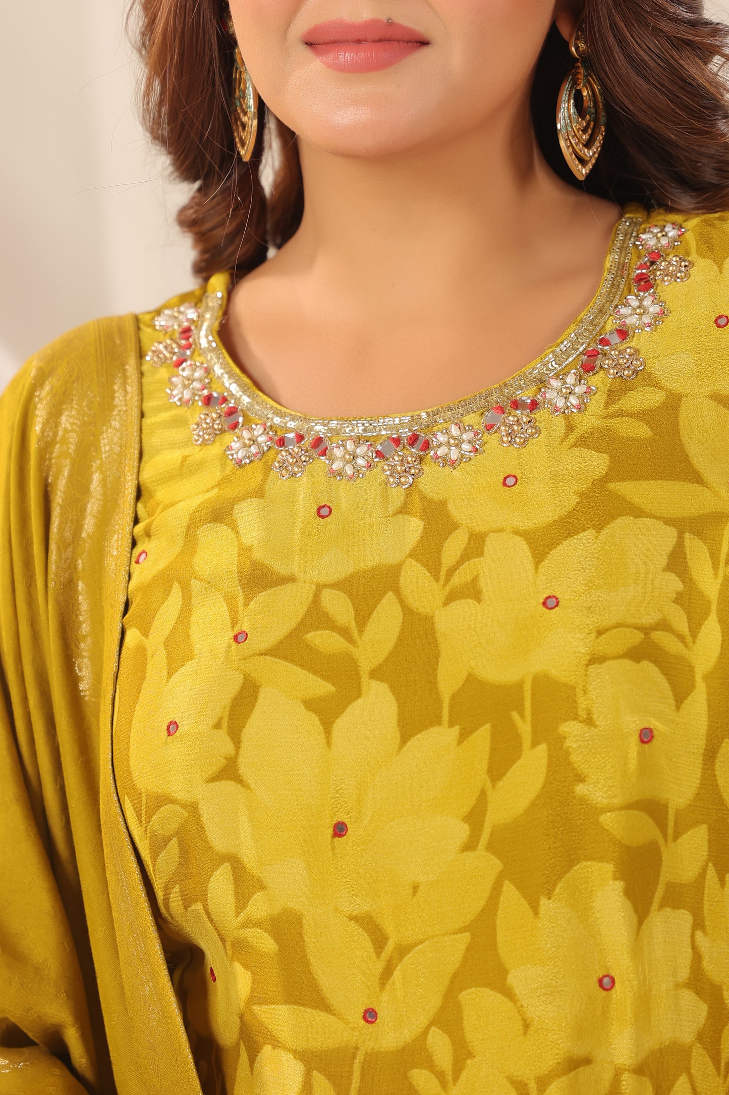 Yellow Green Pure Chinnon Handwork 3-Piece Suit Set