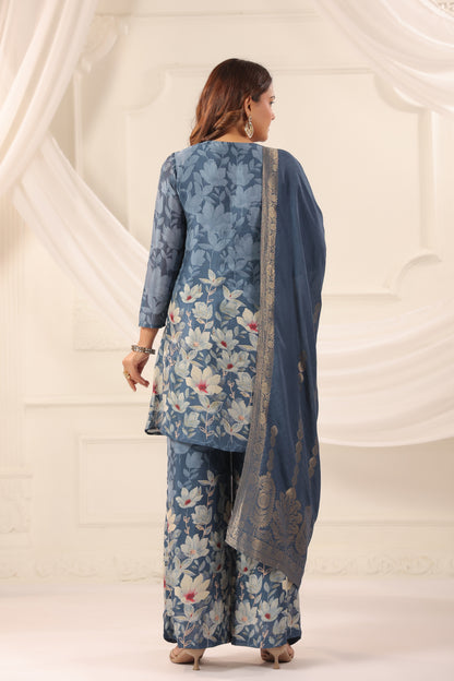 Azure Blue Pure Chinnon Handwork 3-Piece Suit Set