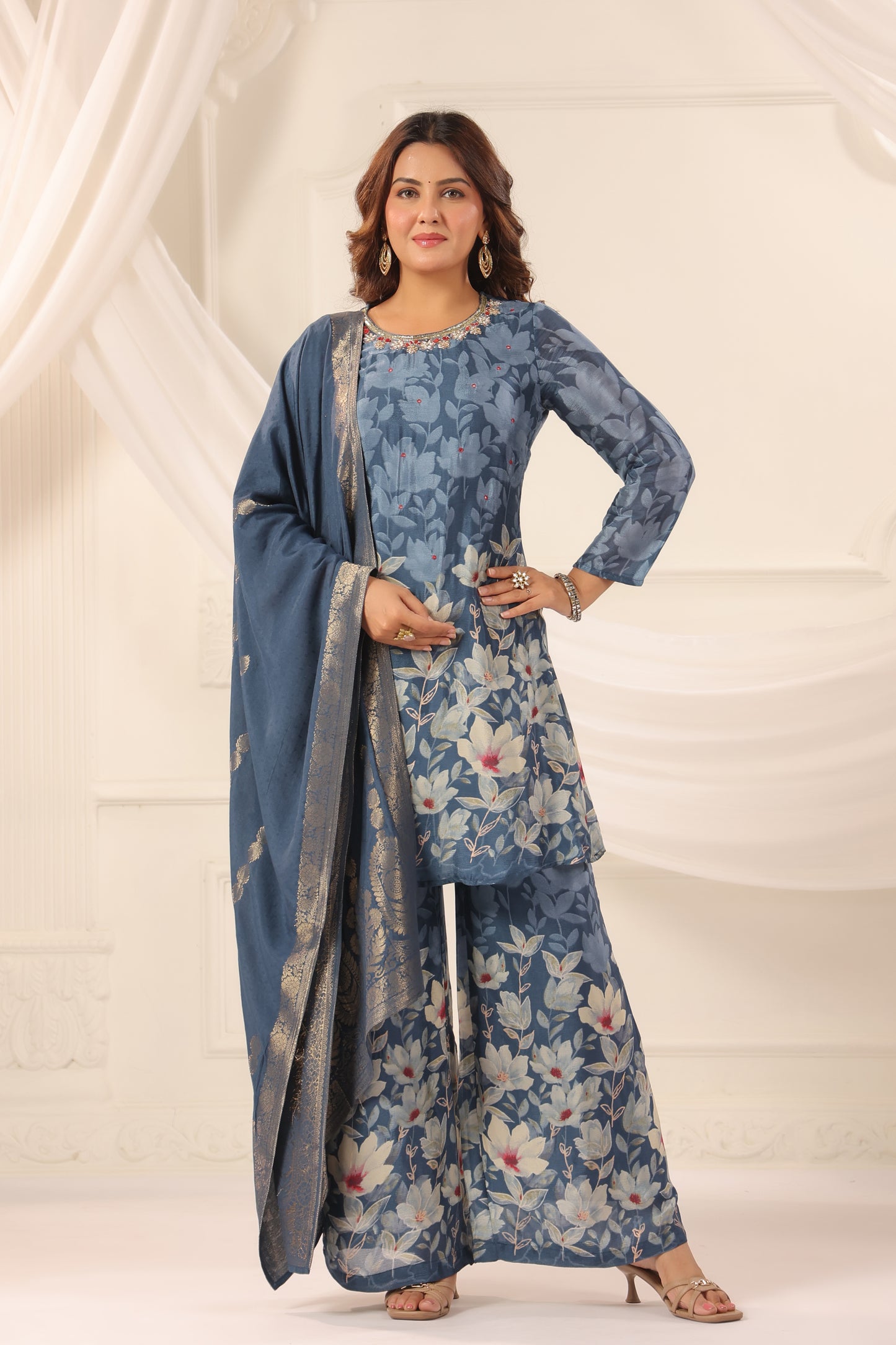Azure Blue Pure Chinnon Handwork 3-Piece Suit Set