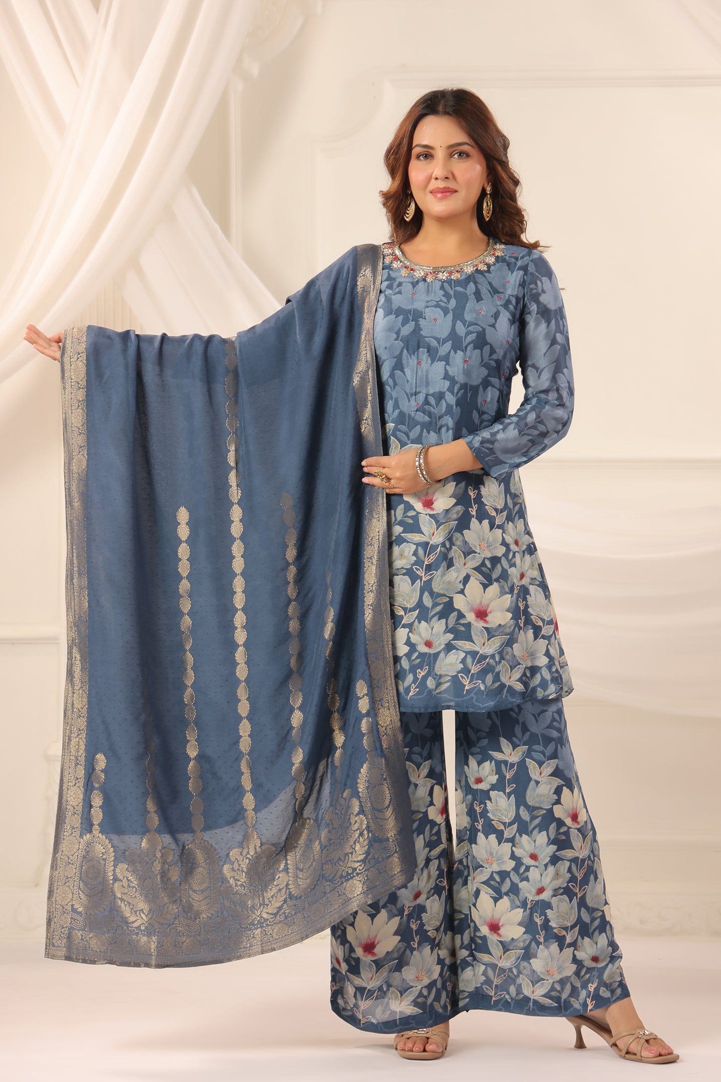 Azure Blue Pure Chinnon Handwork 3-Piece Suit Set