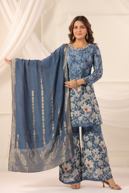 Azure Blue Pure Chinnon Handwork 3-Piece Suit Set