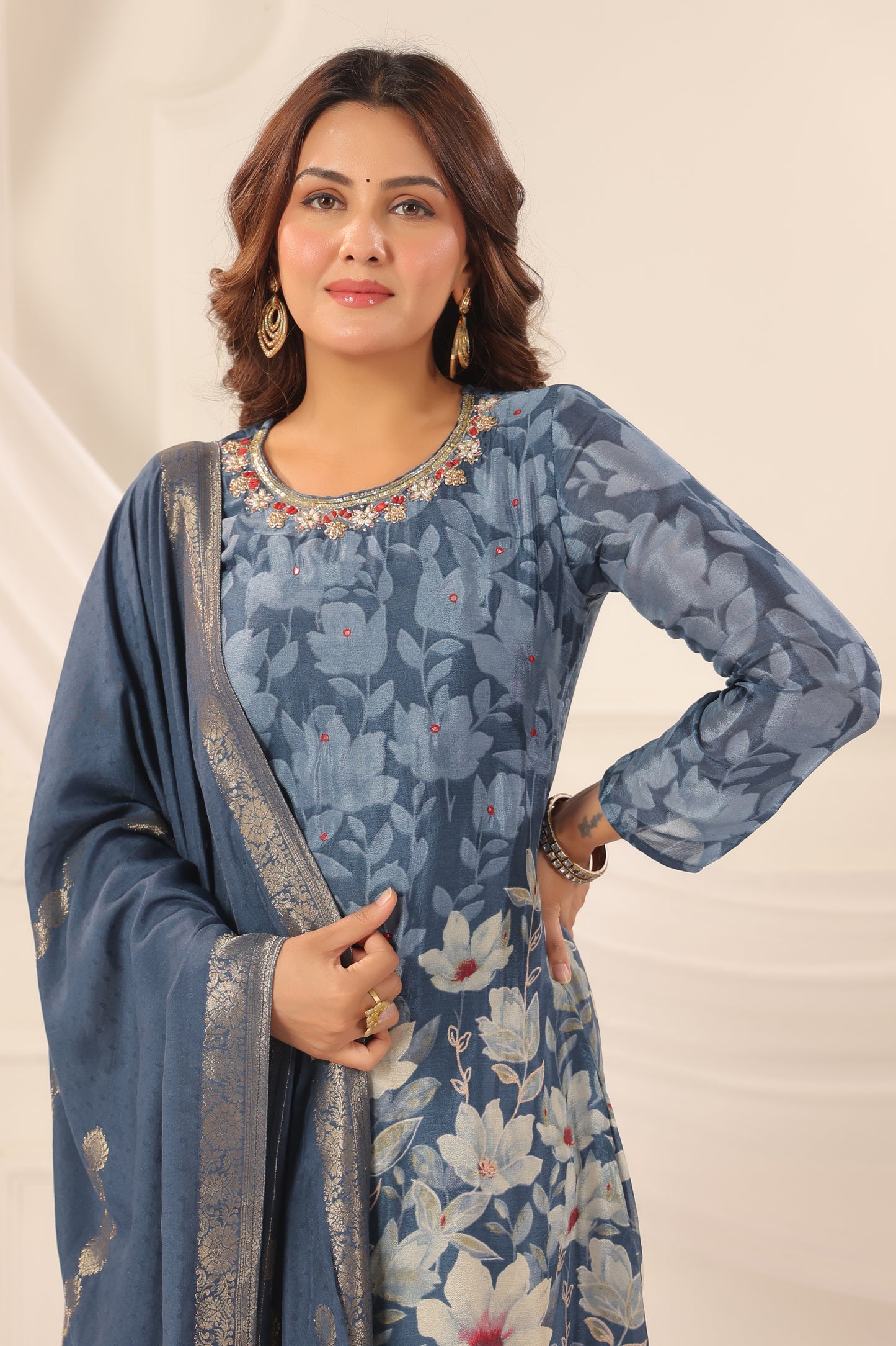 Azure Blue Pure Chinnon Handwork 3-Piece Suit Set