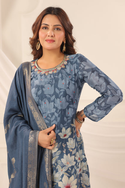 Azure Blue Pure Chinnon Handwork 3-Piece Suit Set