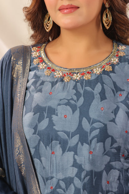 Azure Blue Pure Chinnon Handwork 3-Piece Suit Set