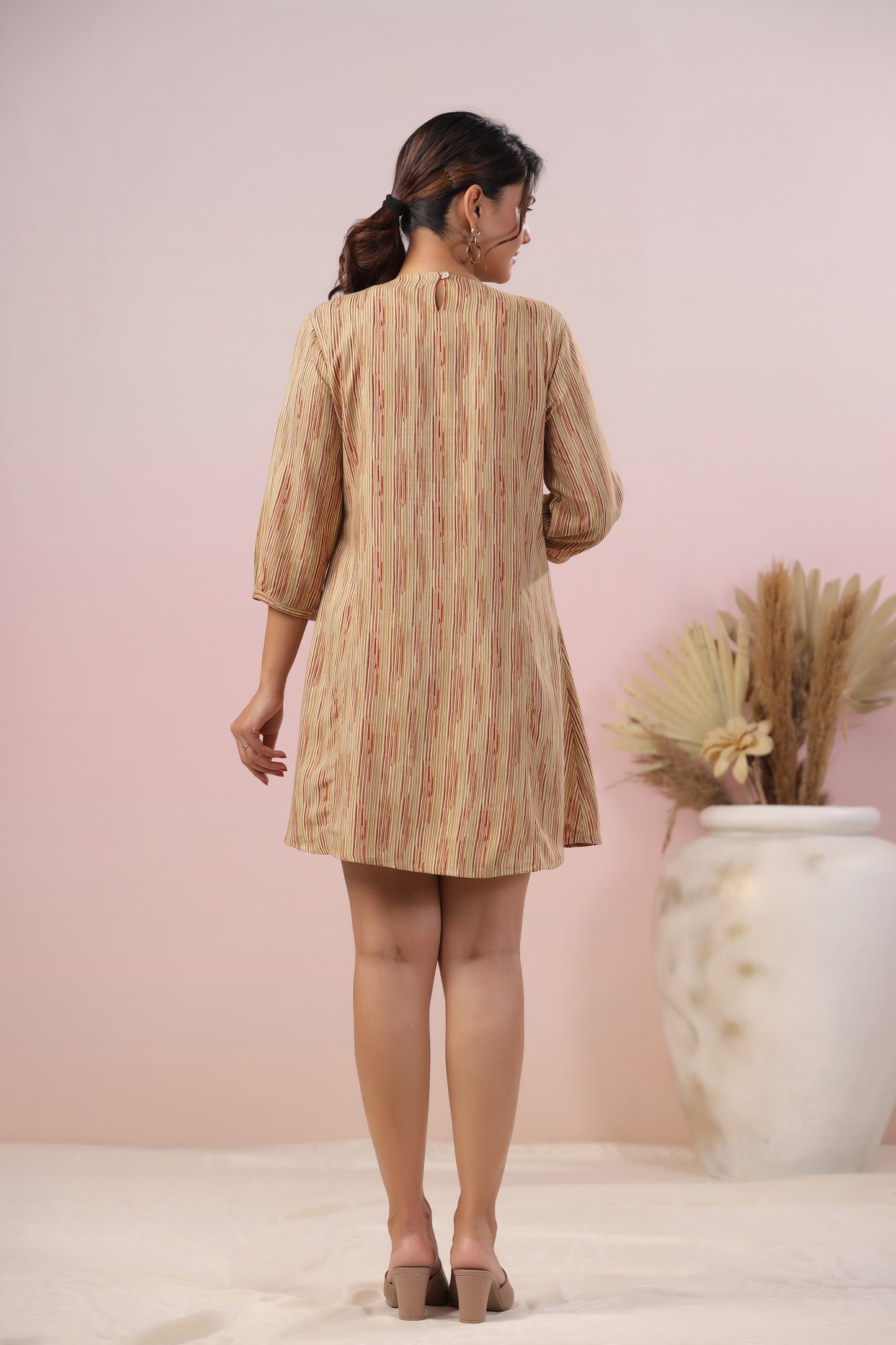 Beige Flared Striped Short Kurti