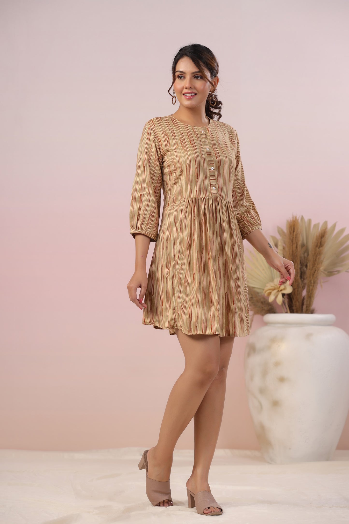 Beige Flared Striped Short Kurti