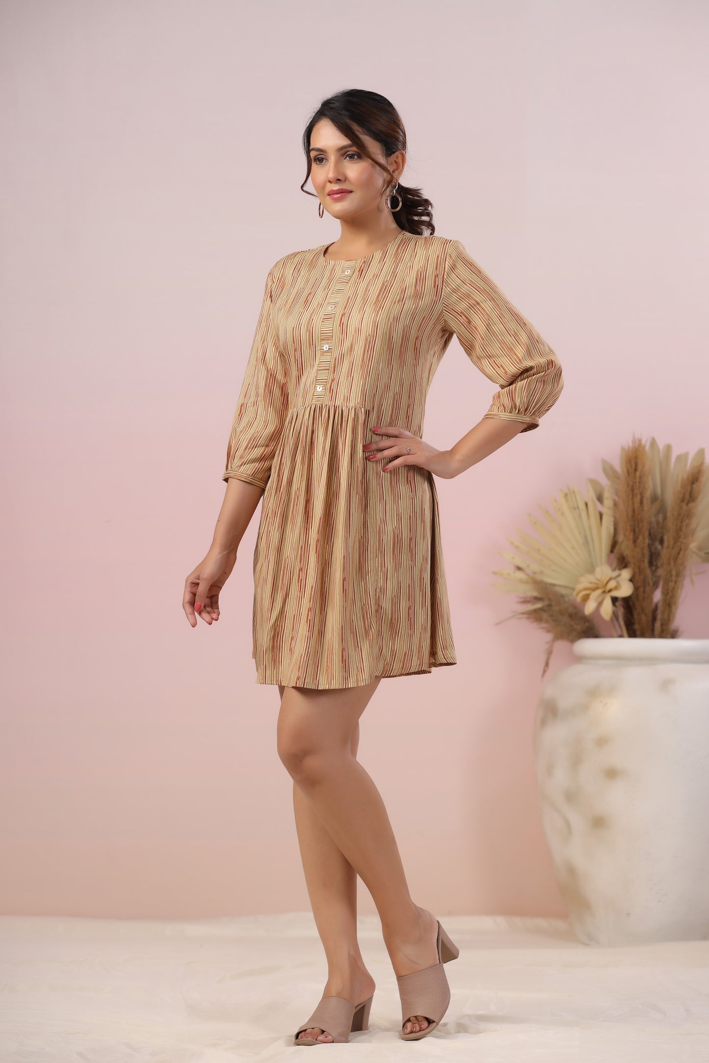 Beige Flared Striped Short Kurti
