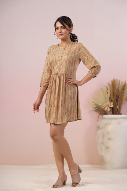 Beige Flared Striped Short Kurti