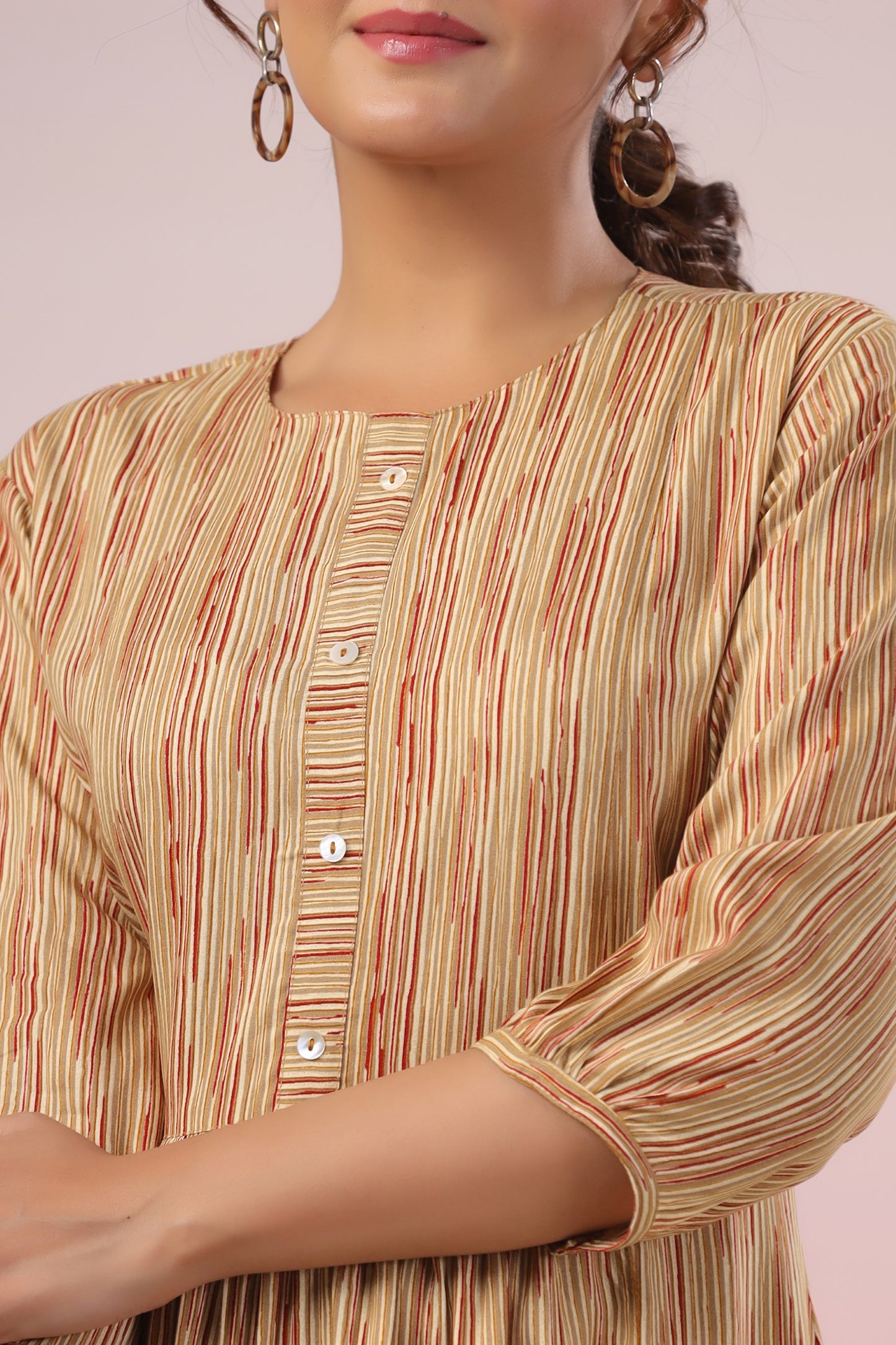 Beige Flared Striped Short Kurti