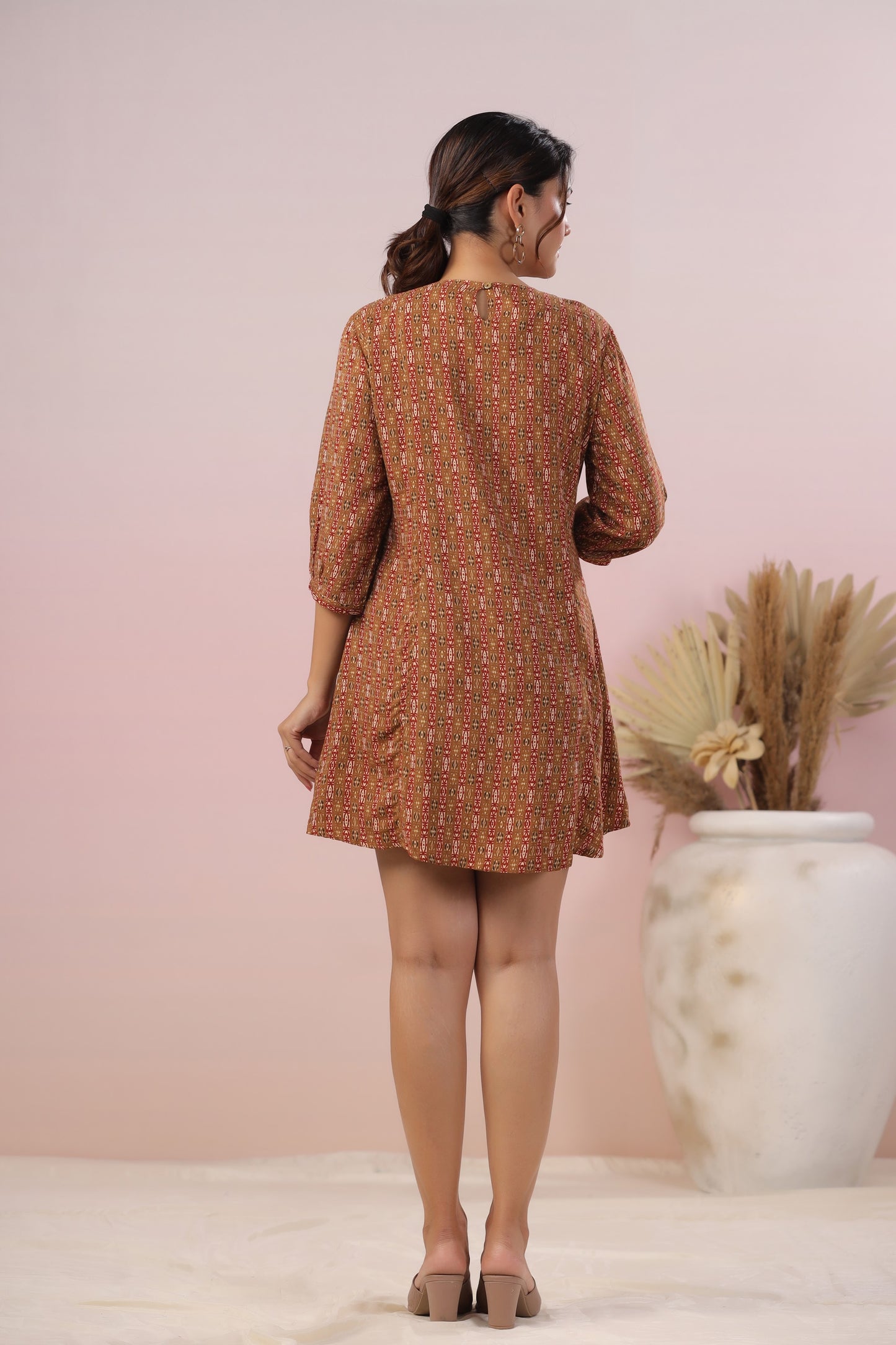 Brown Flared Striped Short Kurti
