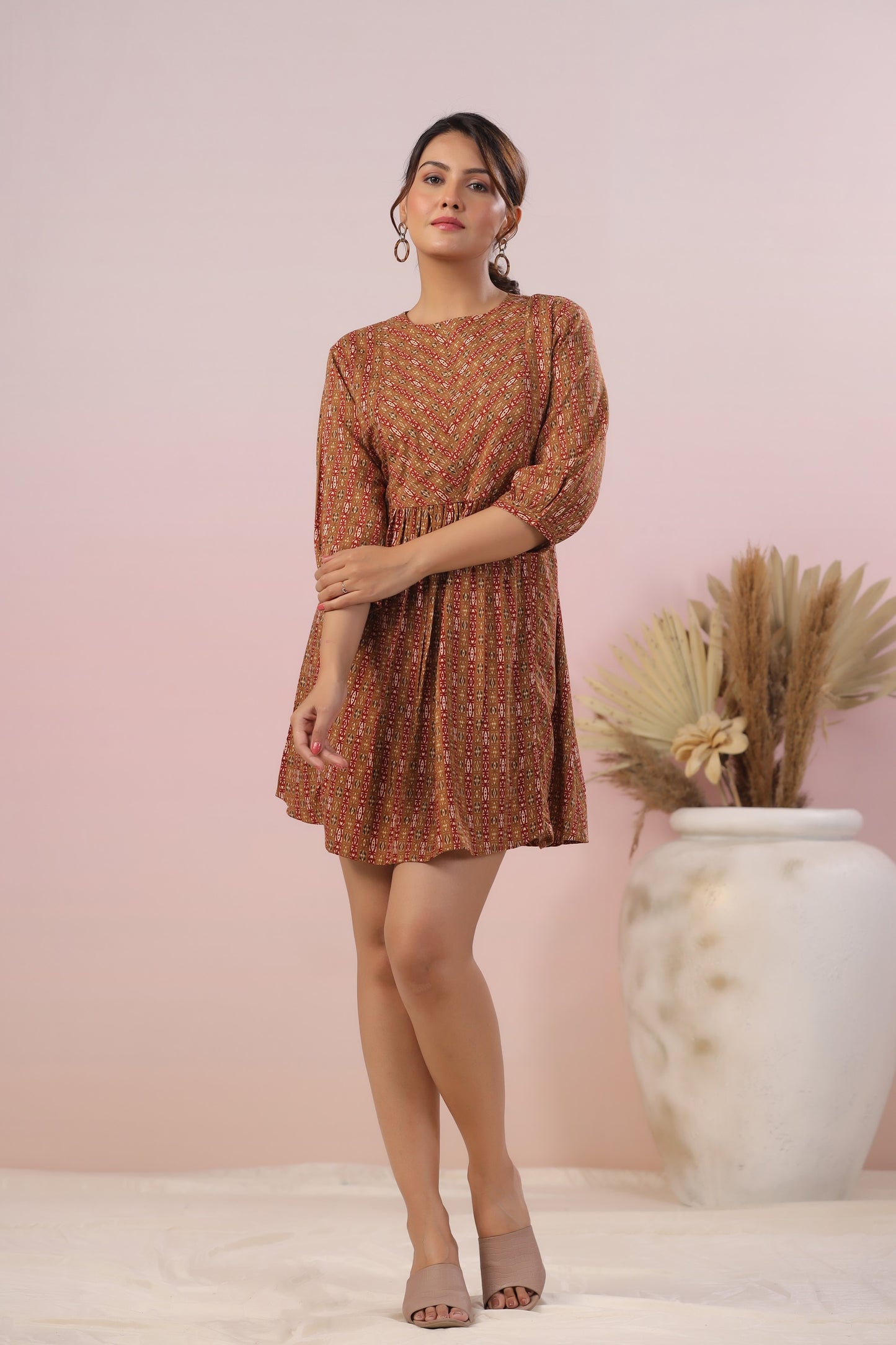 Brown Flared Striped Short Kurti