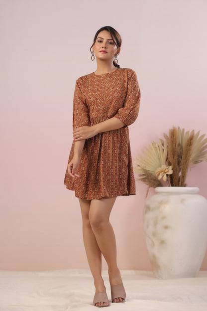 Brown Flared Striped Short Kurti