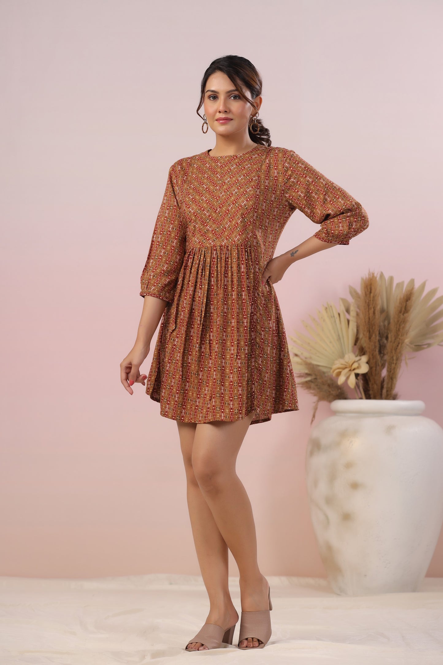 Brown Flared Striped Short Kurti