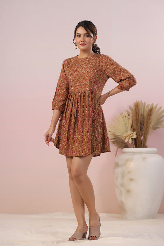 Brown Flared Striped Short Kurti