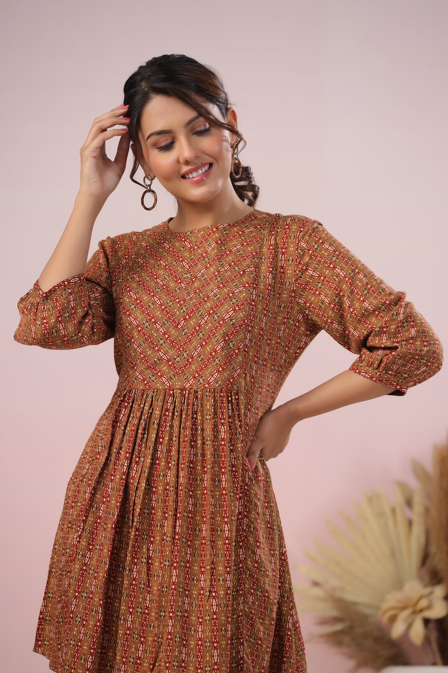 Brown Flared Striped Short Kurti