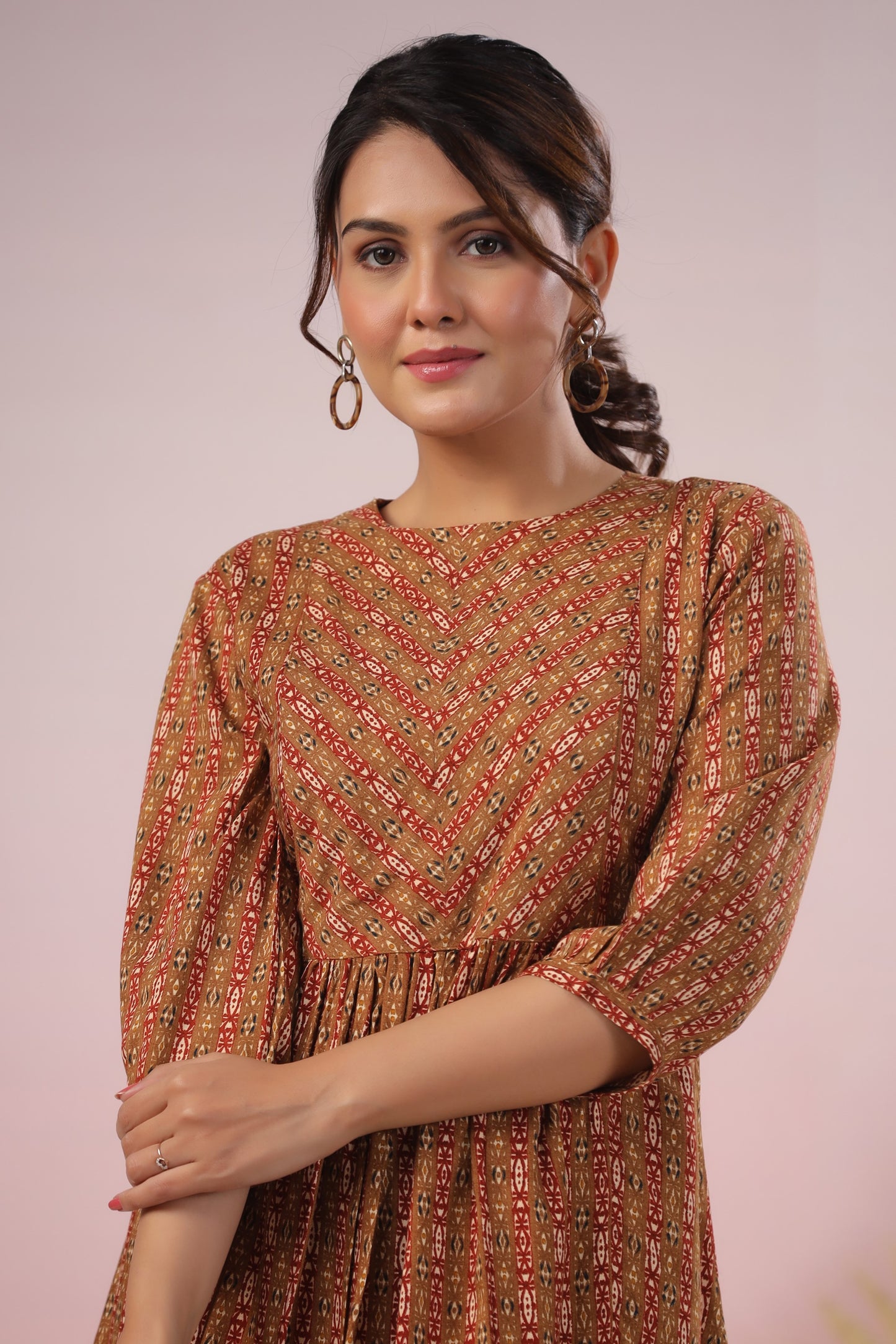 Brown Flared Striped Short Kurti