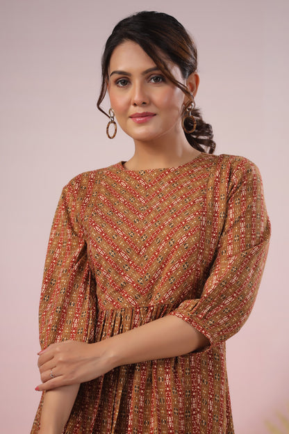 Brown Flared Striped Short Kurti