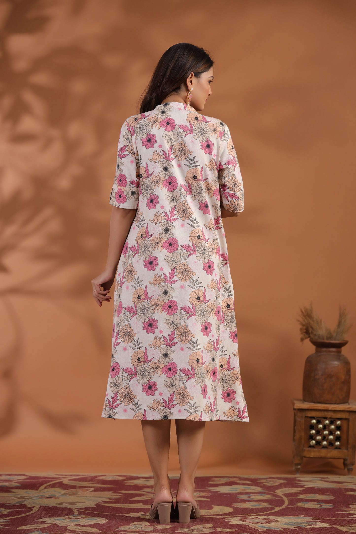 Off-White- Pink Floral Print A-Line Kurti