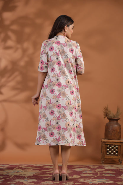 Off-White- Pink Floral Print A-Line Kurti