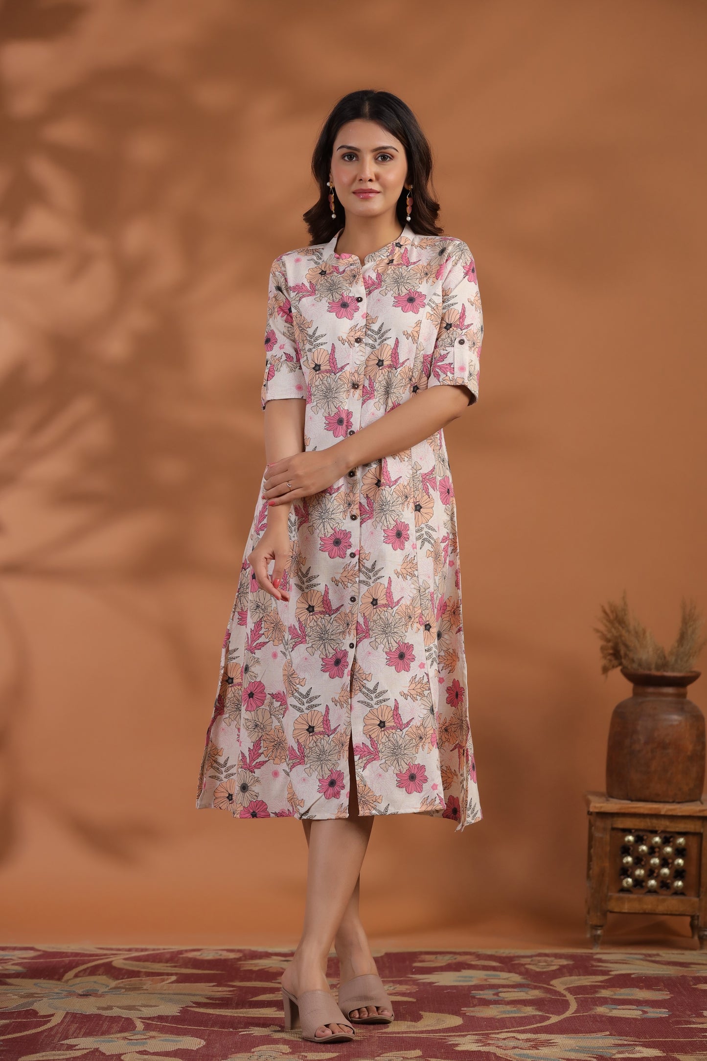 Off-White- Pink Floral Print A-Line Kurti