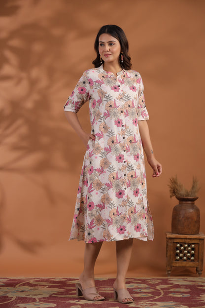 Off-White- Pink Floral Print A-Line Kurti