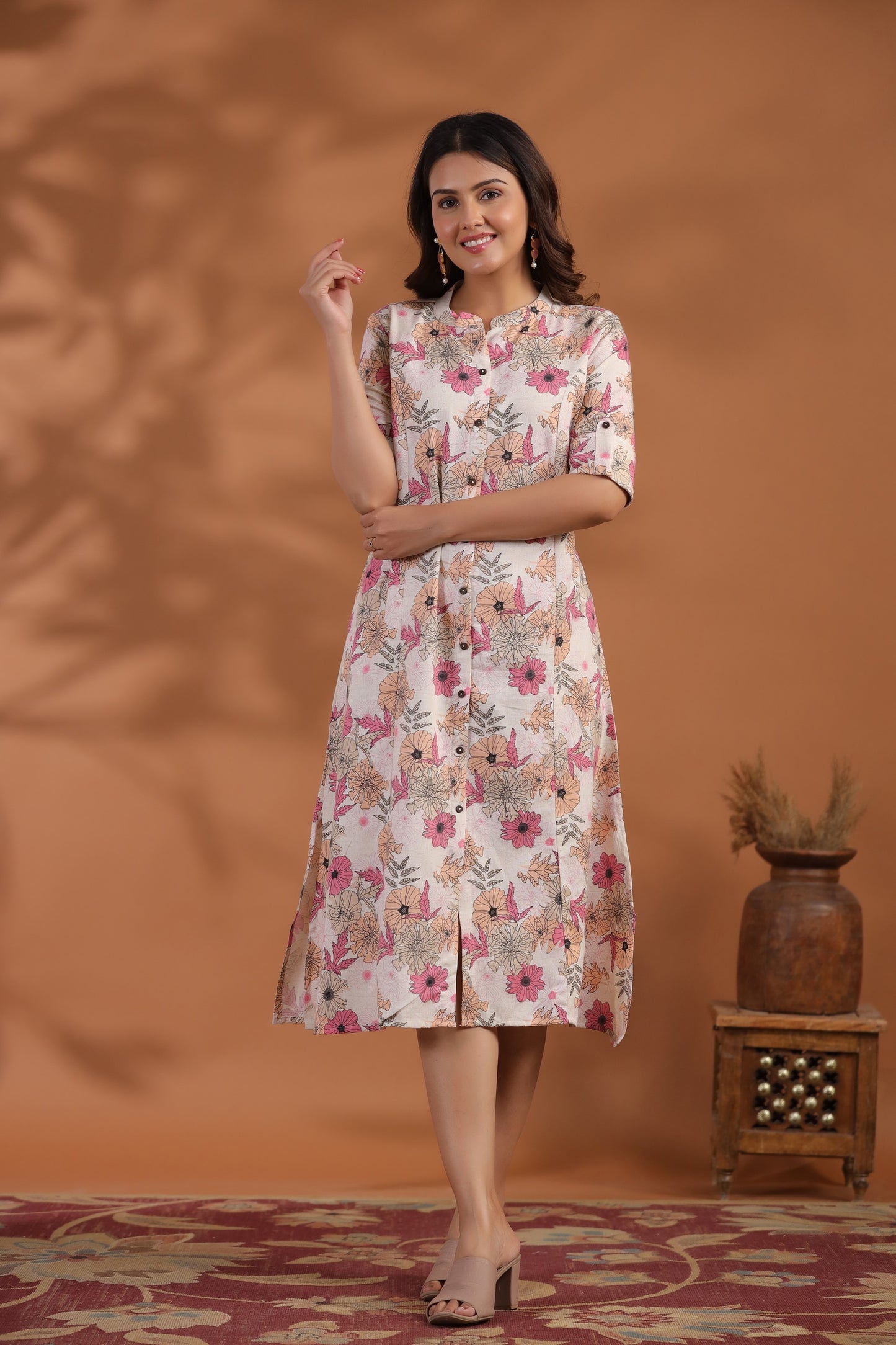 Off-White- Pink Floral Print A-Line Kurti