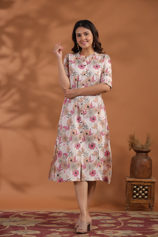Off-White- Pink Floral Print A-Line Kurti