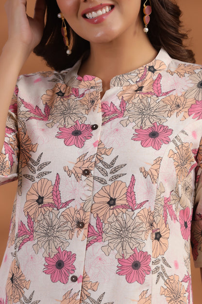 Off-White- Pink Floral Print A-Line Kurti