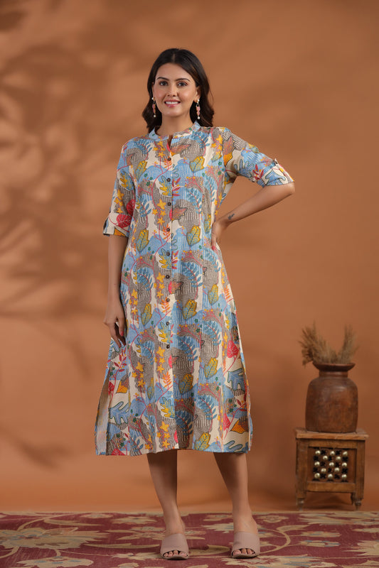 Blue Color Abstract Print A-Line Kurti