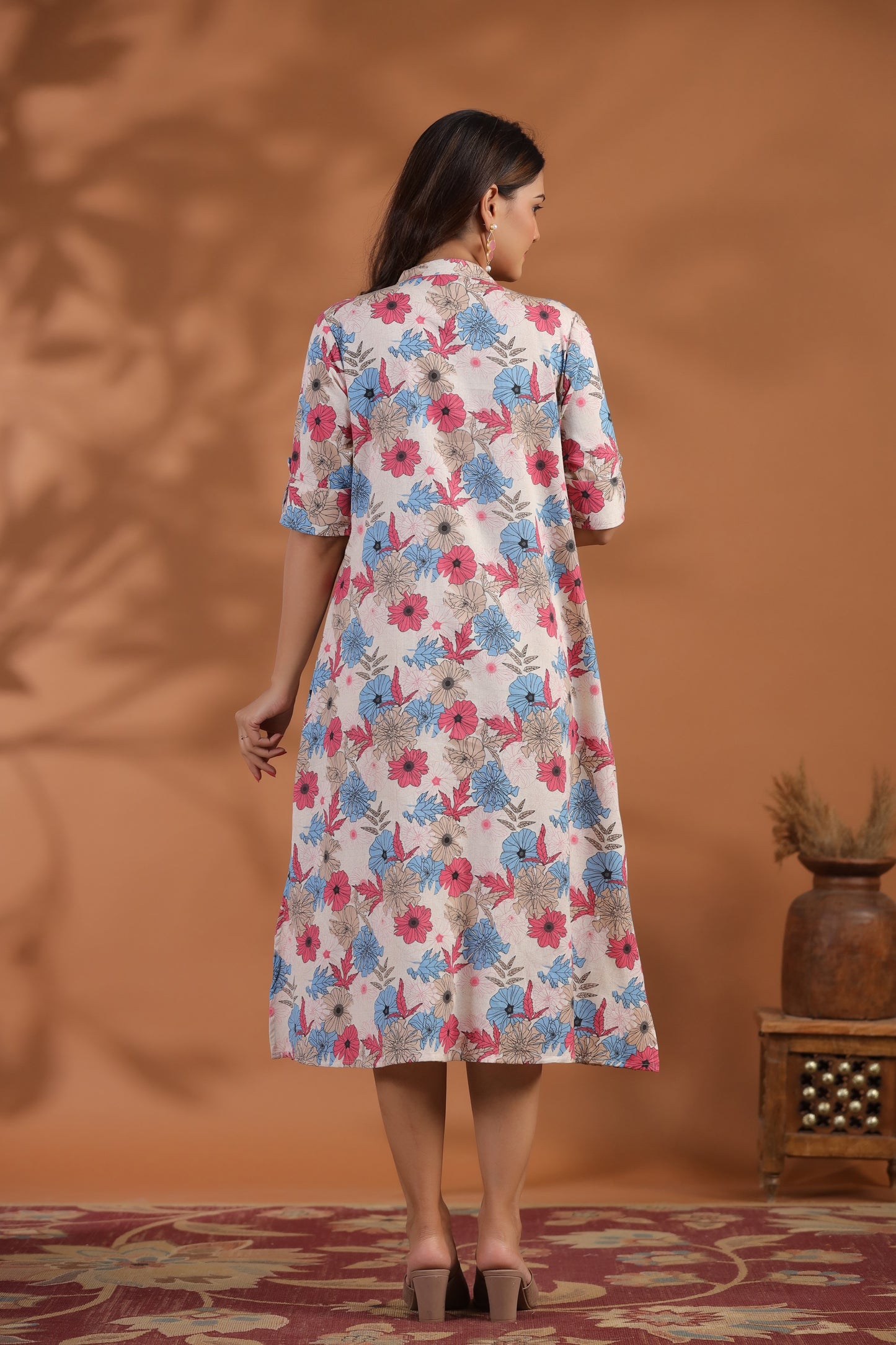 Blue-Pink Floral Print A-Line Kurti