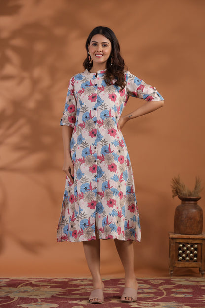 Blue-Pink Floral Print A-Line Kurti