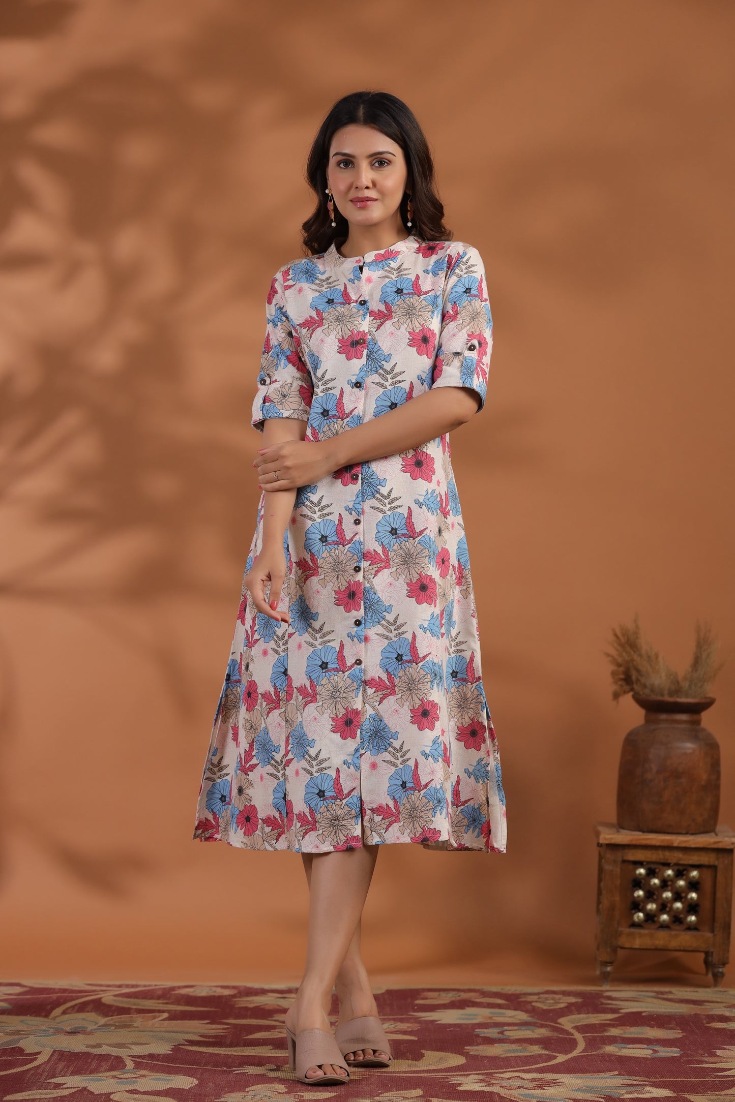 Blue-Pink Floral Print A-Line Kurti