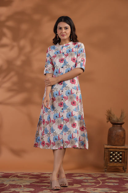 Blue-Pink Floral Print A-Line Kurti