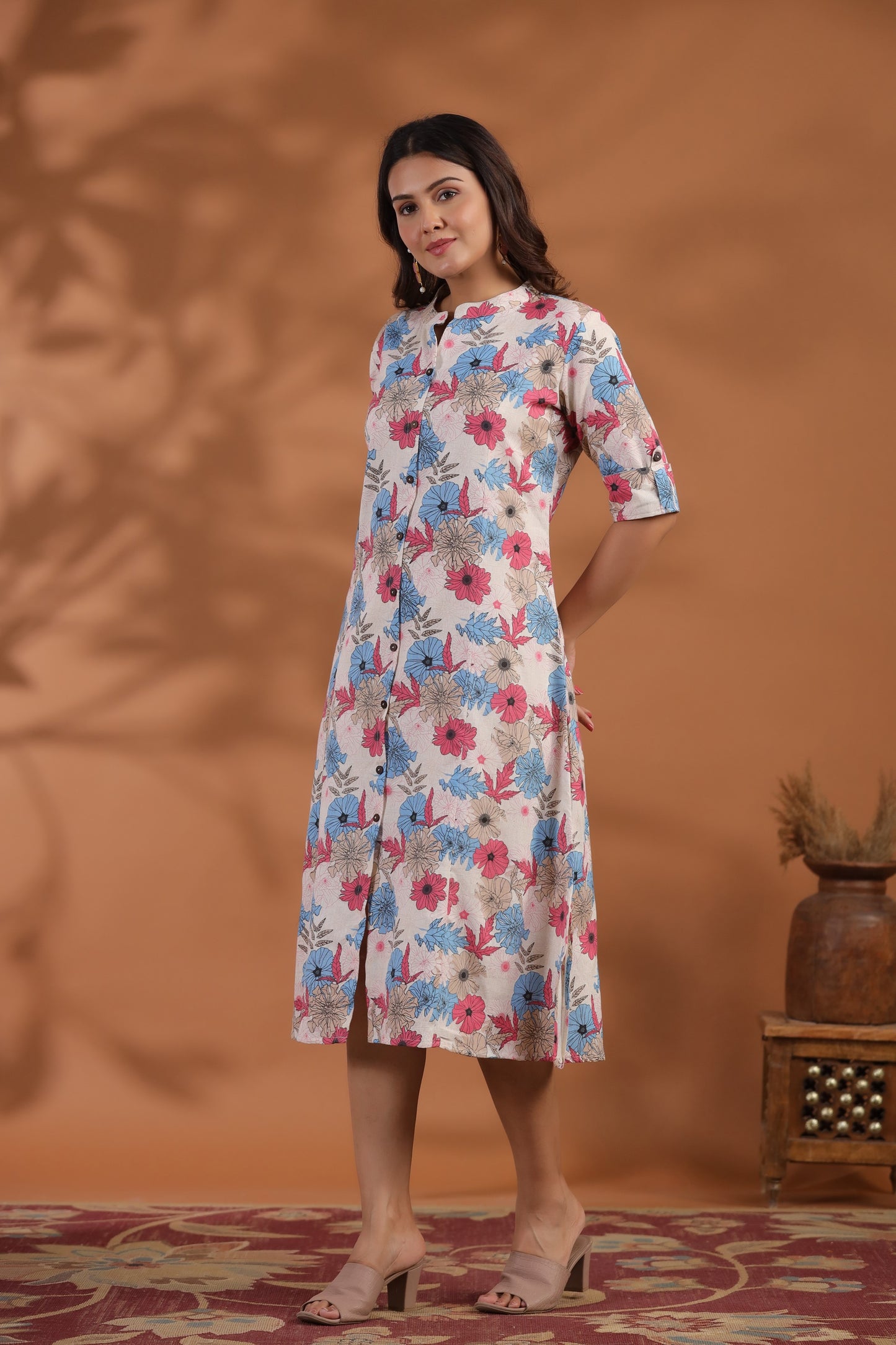 Blue-Pink Floral Print A-Line Kurti