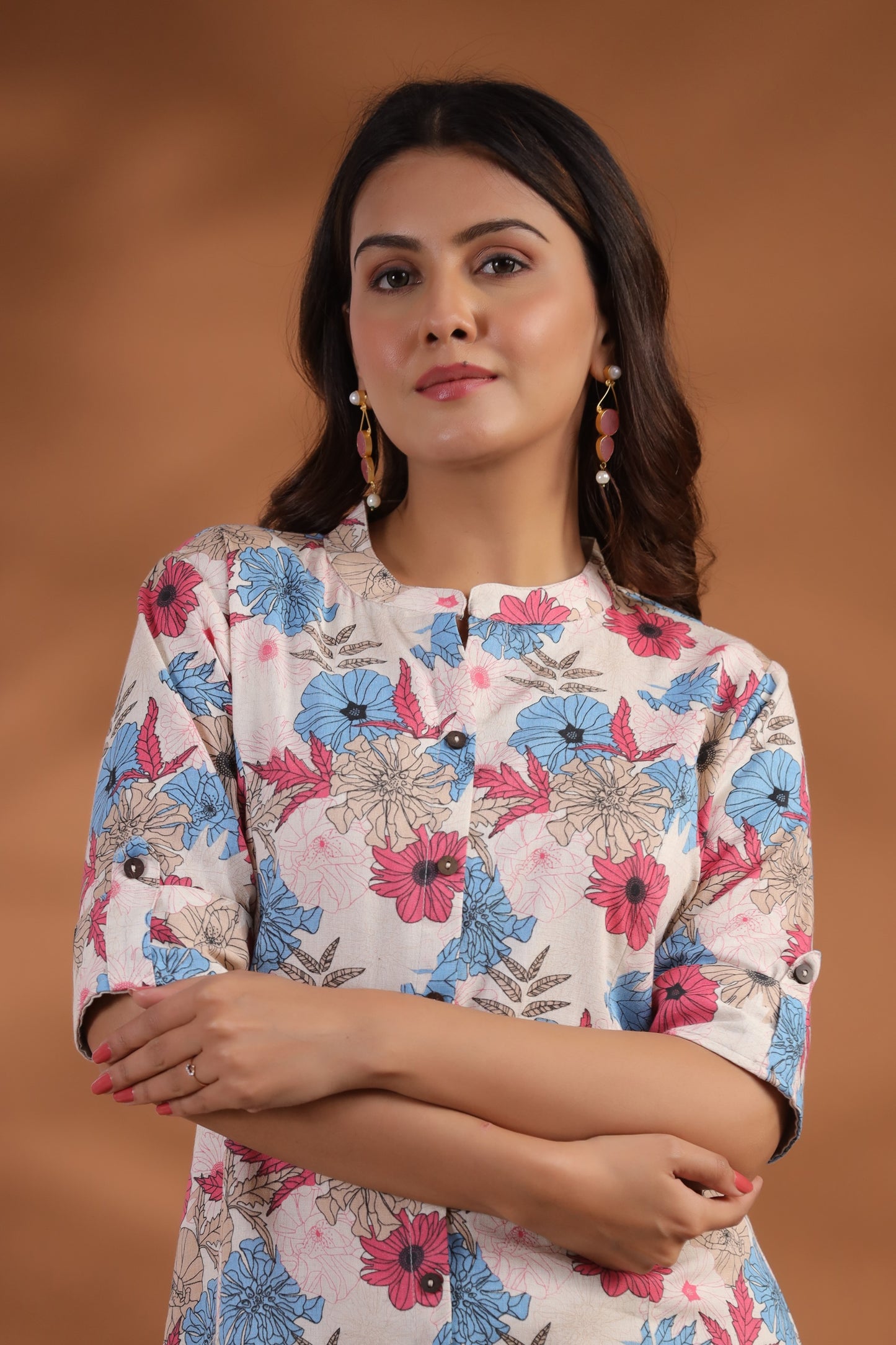 Blue-Pink Floral Print A-Line Kurti