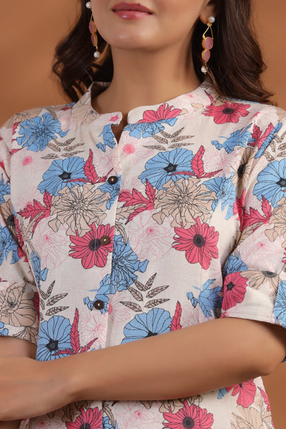 Blue-Pink Floral Print A-Line Kurti