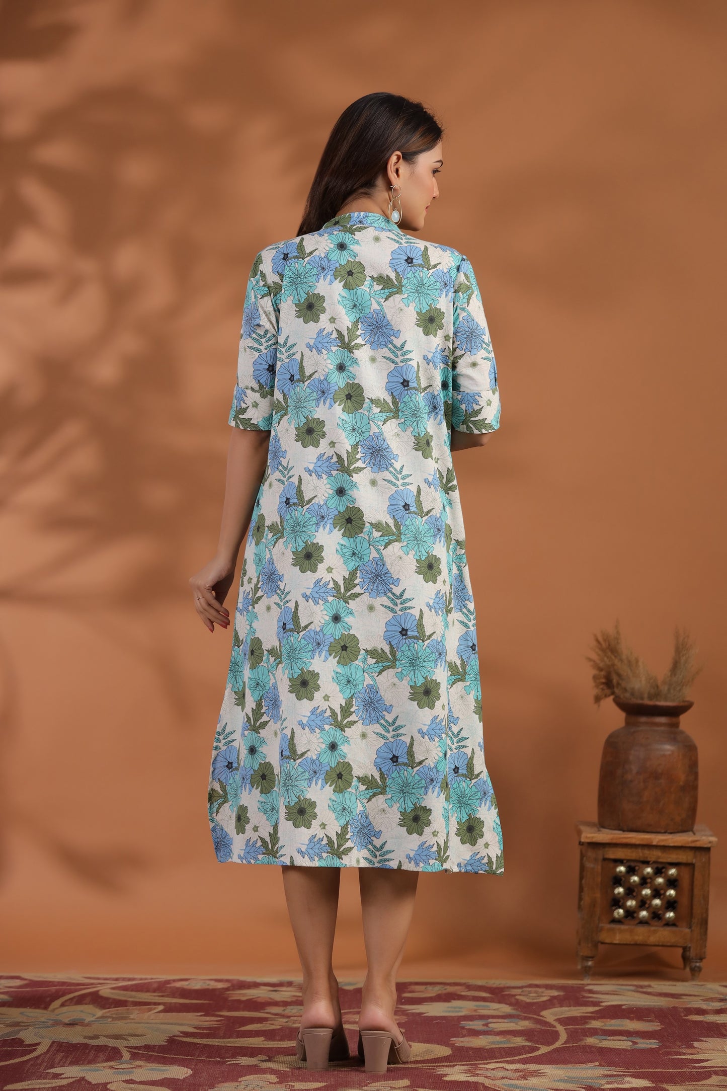 Blue-Green Floral Print A-Line Kurti