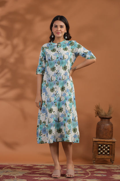 Blue-Green Floral Print A-Line Kurti