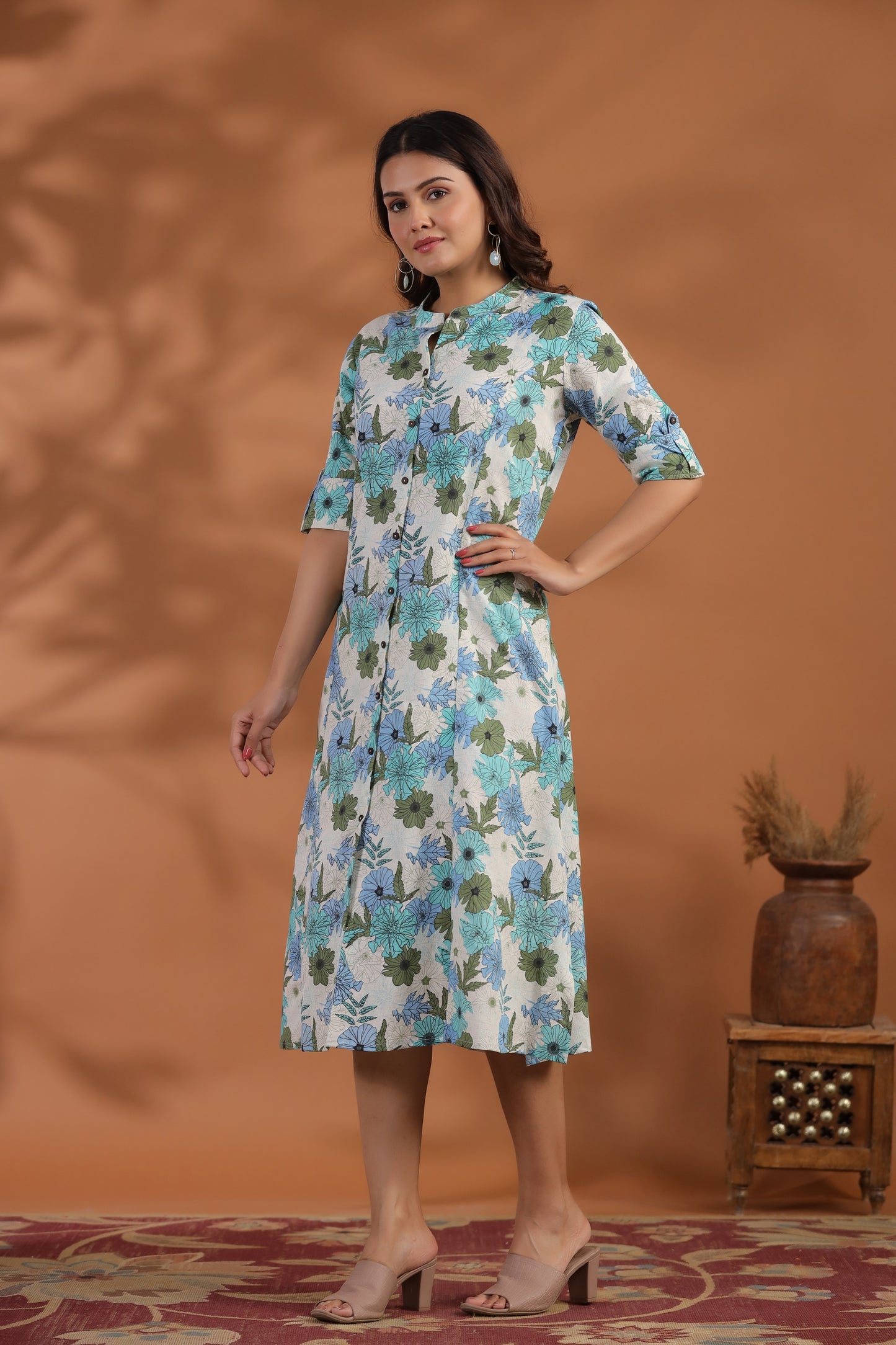 Blue-Green Floral Print A-Line Kurti