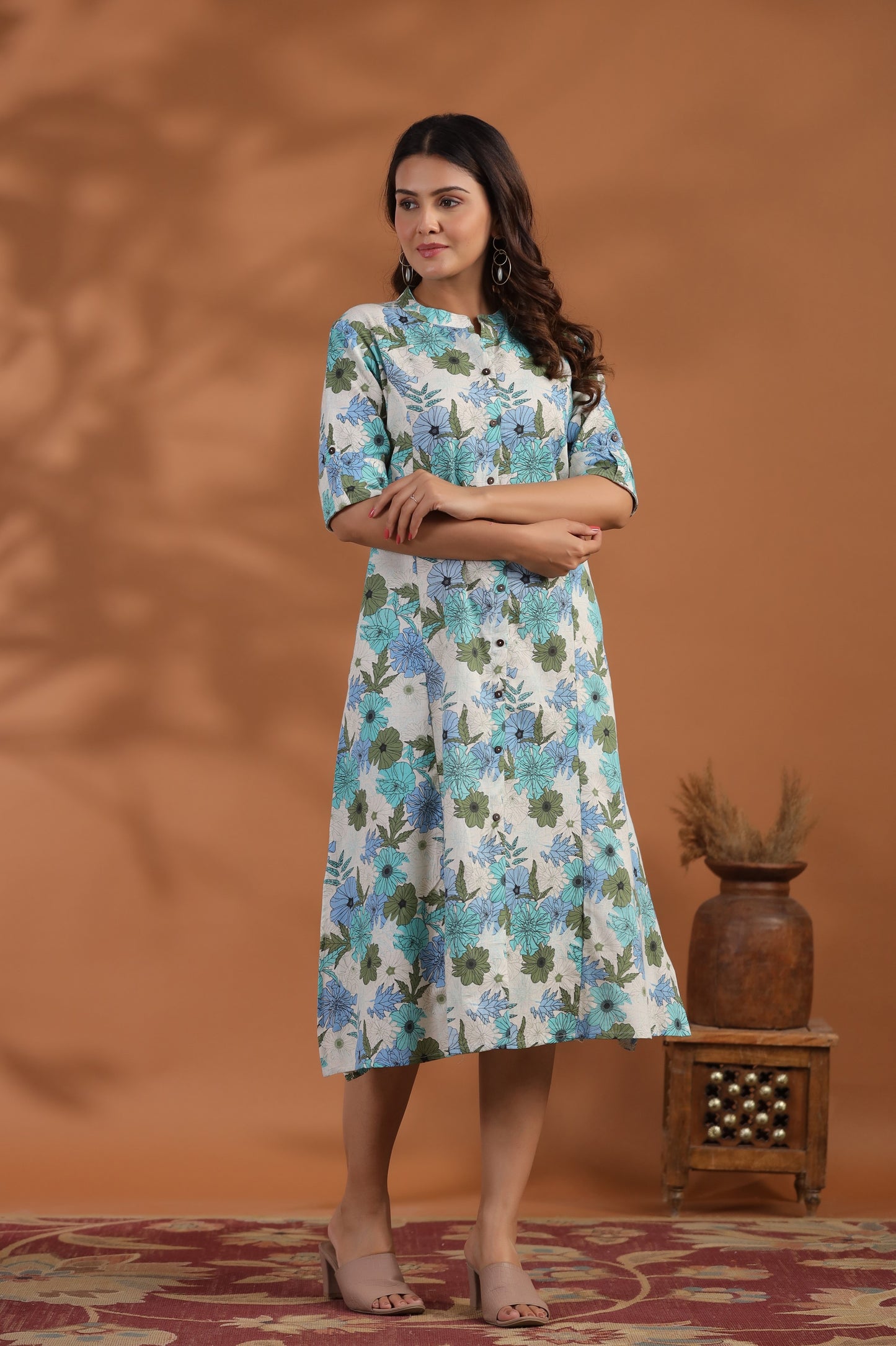 Blue-Green Floral Print A-Line Kurti