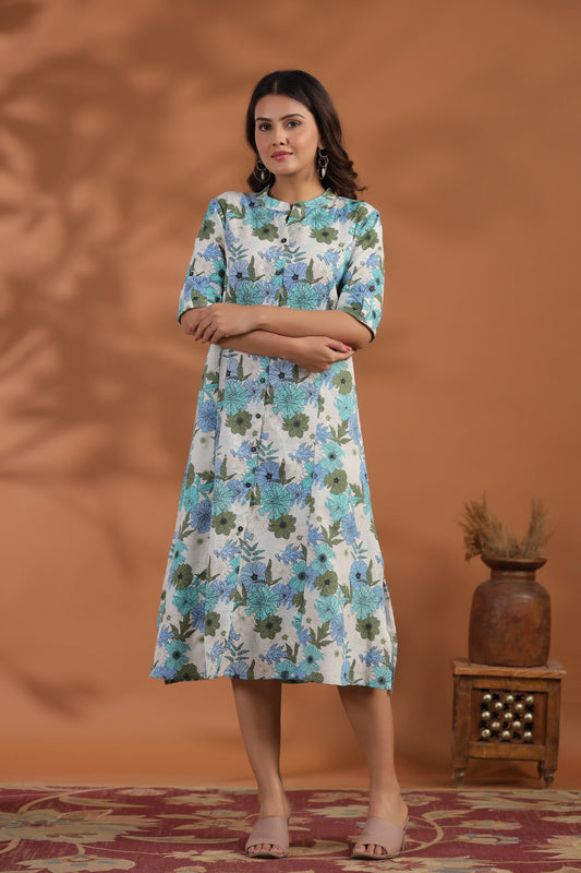 Blue-Green Floral Print A-Line Kurti