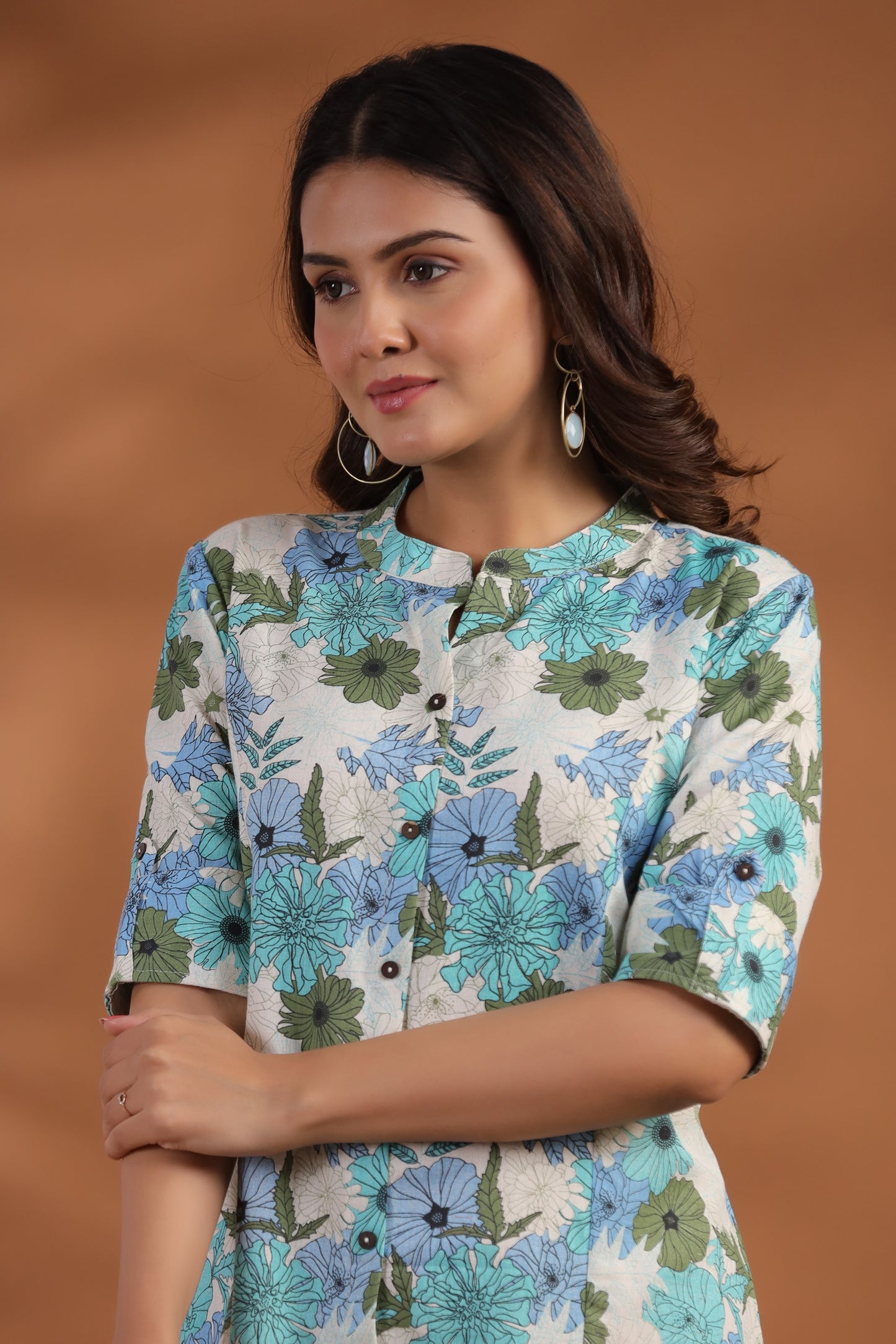 Blue-Green Floral Print A-Line Kurti